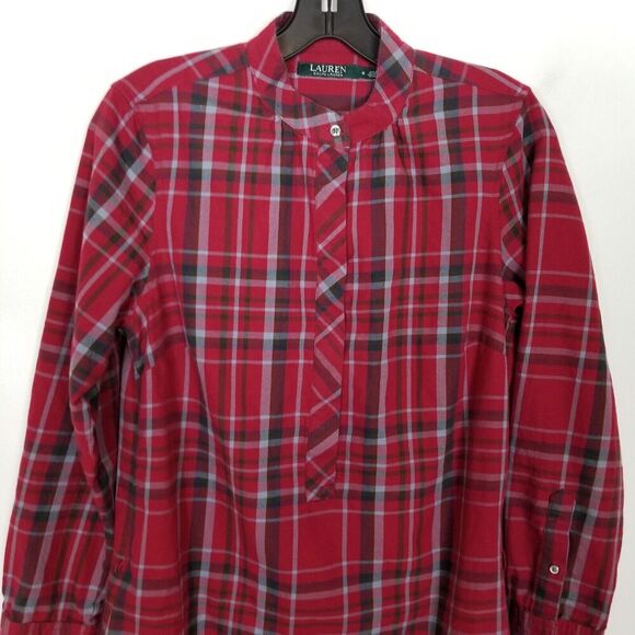 Lauren Ralph Lauren Women Plaide Button Front Tunic Dress Sz 8 Red Long Sleeve - Picture 2 of 9